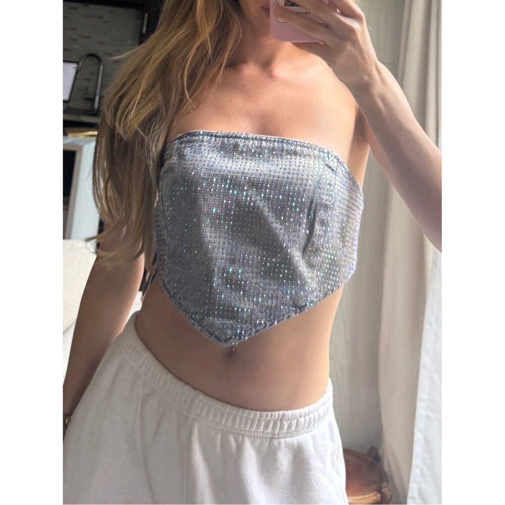 AFRM Sonoma Rhinestone Bandana Tube Top Silver Blue Size L NWT